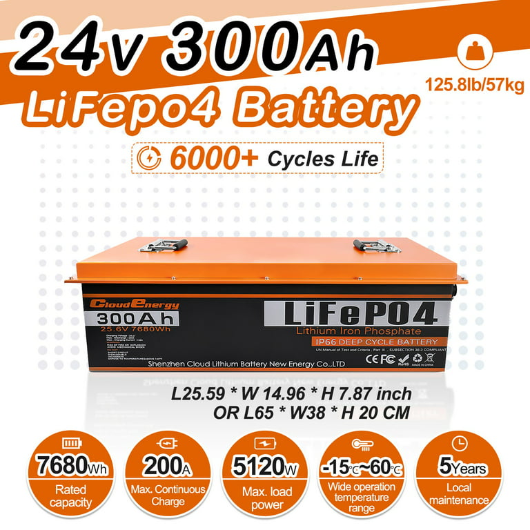 Cloud Energy rechargeable 24v 300ah lifepo4 battery pack deep