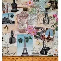 Cotton Paris Collage Eiffel Tower Letters Vintage Travel Cotton Fabric Print by the Yard (FLEUR-CD3000-MULTI)