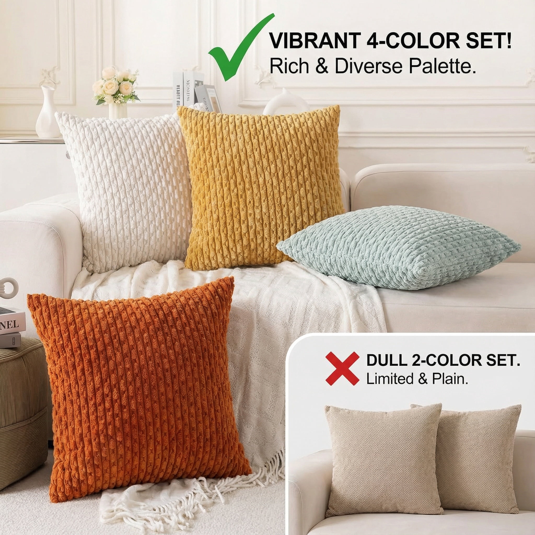 HAPPINESS 4 Pack Decorative Throw Pillow Covers, 22x22 Inch Soft Plush Striped Corduroy Couch Pillow Covers, Yellow Rust Aqua
