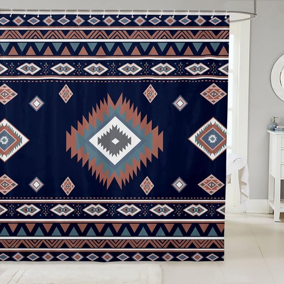 Boho Aztec Shower Curtain Navy Blue Geometric Tribal Fabric Bath Curtain with Hooks for Bathroom 71x71 inches