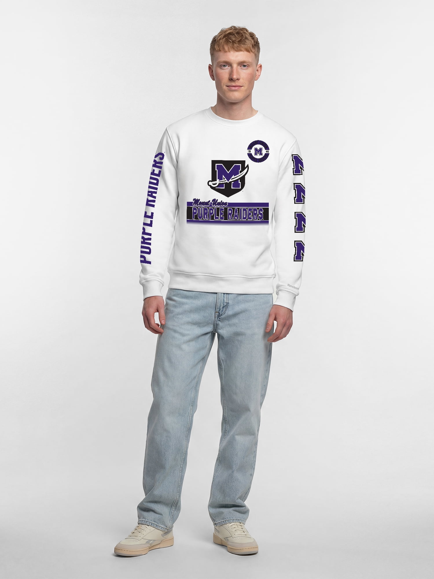 Mount Union Purple Raiders Reebok Mens White Crew Sweatshirt