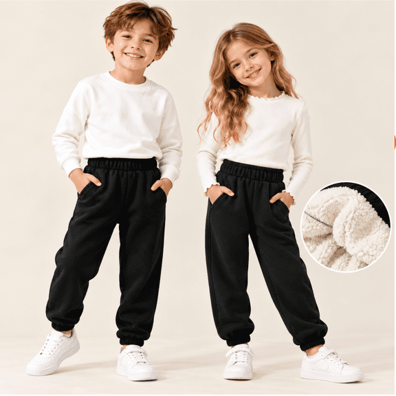 LUGOGNE Toddler Boys Fleece Lined Sweatpants with Pockets - Elastic Waist Casual Sherpa Warm Joggers Fall Winter Kids Clothing Black,Size 5