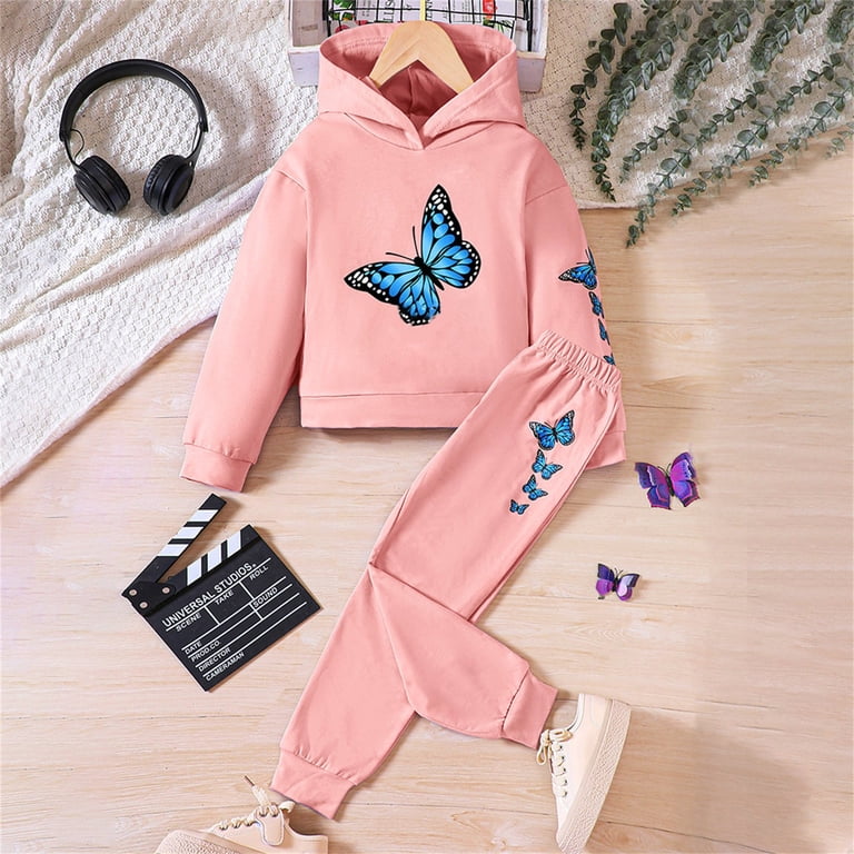 Pack Of 2 Butterfly Printed Winter Hooded & Sweatshirt Tracksuit For Girls