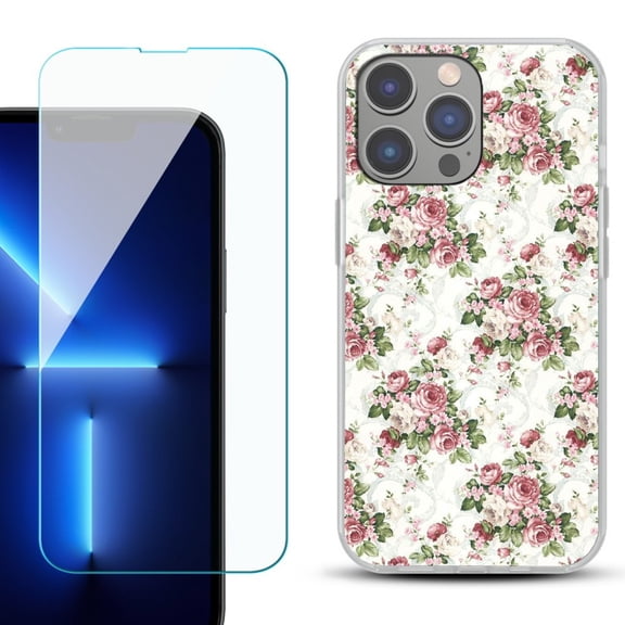 Slim-Fit Gel TPU Phone Case for iPhone 14 Pro Max, with Tempered Glass Screen Protector, by OneToughShield ® - Floral/Rose