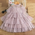 thumbnail image 2 of 3-4 Years Girl Dress Kids Ruffles Lace Party Wedding Dresses Girls' Summer New Long Sleeve Round Neck Ruffled Lace Embroidery Mesh Princess Bow Skirt Pink, 2 of 8