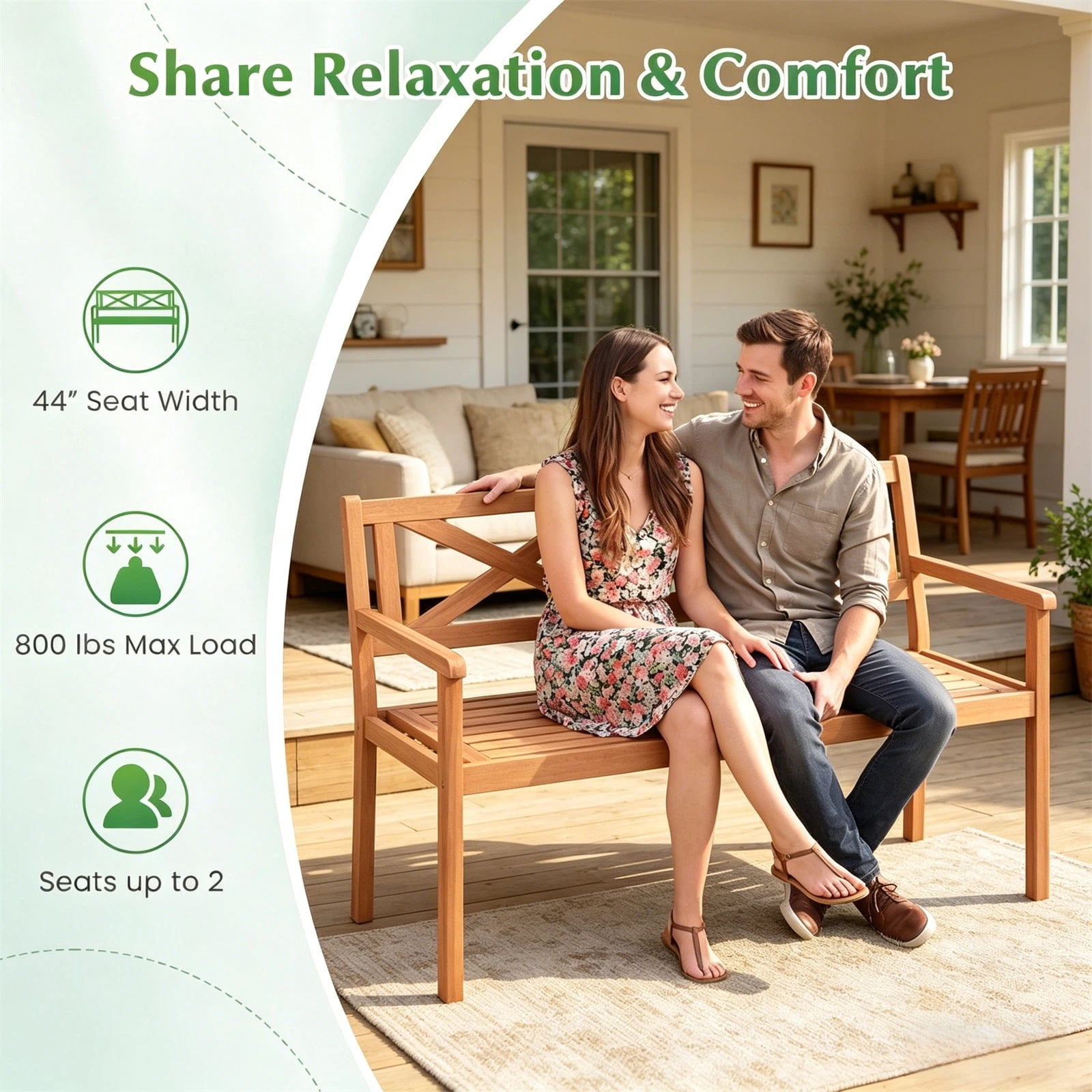 Hommoo 2-Person Patio Acacia Wood Bench, Garden Slatted Loveseat Chair Bench Lounge with Armrests and Backrest for Backyard, Natural