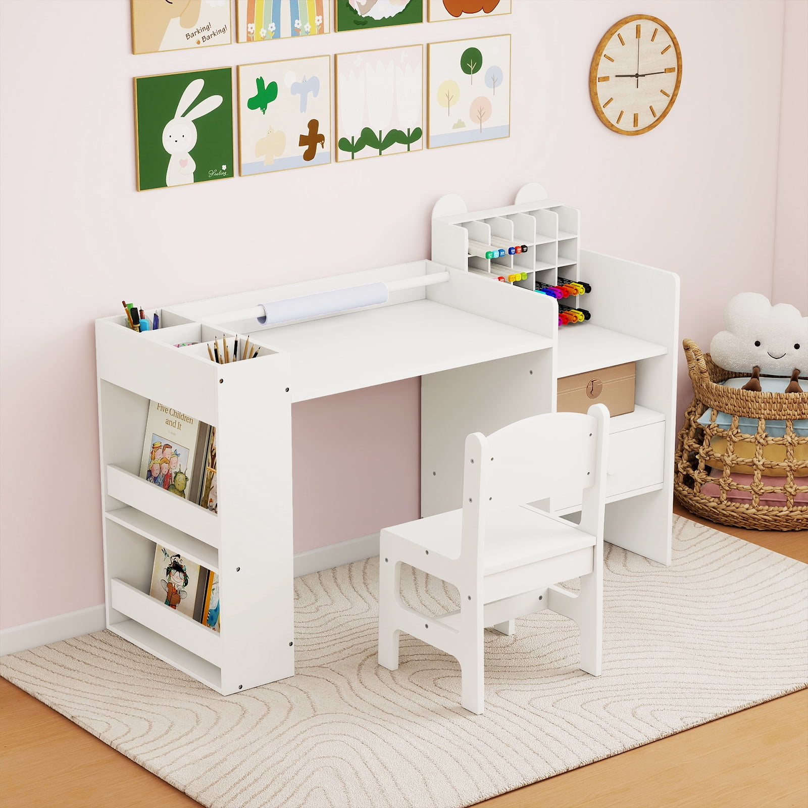 Gymax Kids Art Table & Chair Set w/Detachable Paper Roll Holder & Cubby Cabinet Drawer White