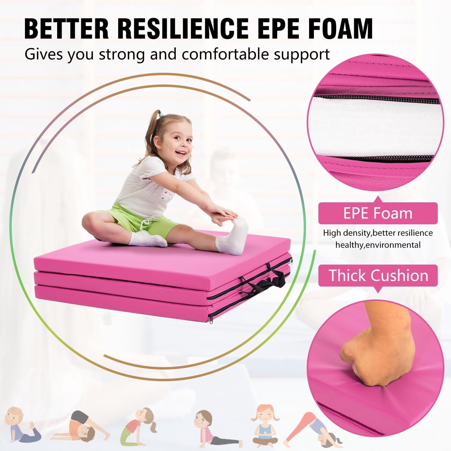 NiamVelo 6'x2'x1.5" Gymnastics Mat Folding Tumbling Mats 3-Fold Gymnastics Equipment PU Leather Exercise Mat Yoga Mat with Carrying Handles for Home Workout Outdoor,Pink