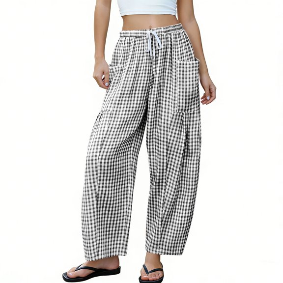Womens Linen Pants Casual Loose Flowy Wide Leg Palazzo Harem Pants Drawstring Elastic Waist Lounge Trousers with Pockets Black M
