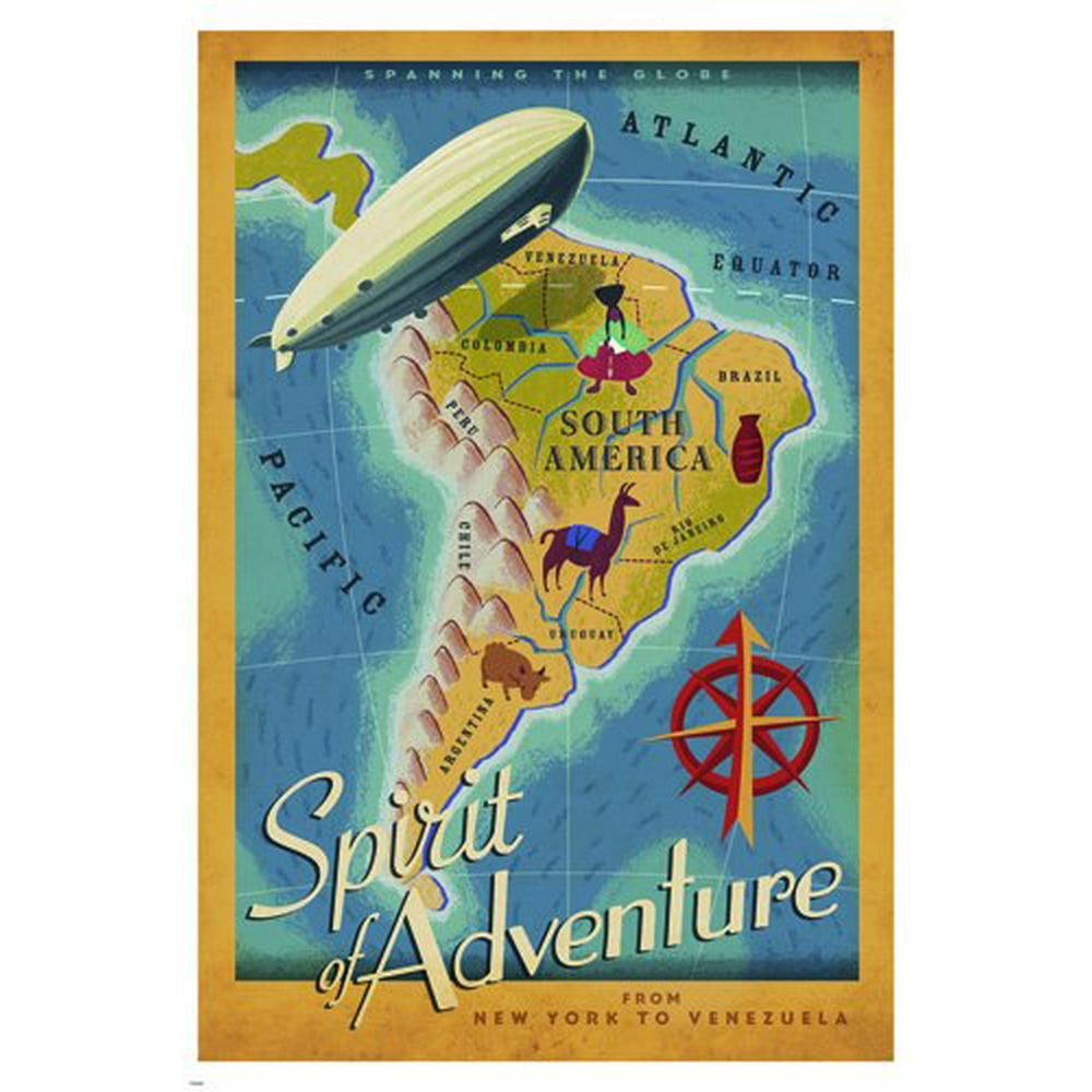 Spirit Of Adventure Travel Poster 24X36 Map Blimp Exiting South America