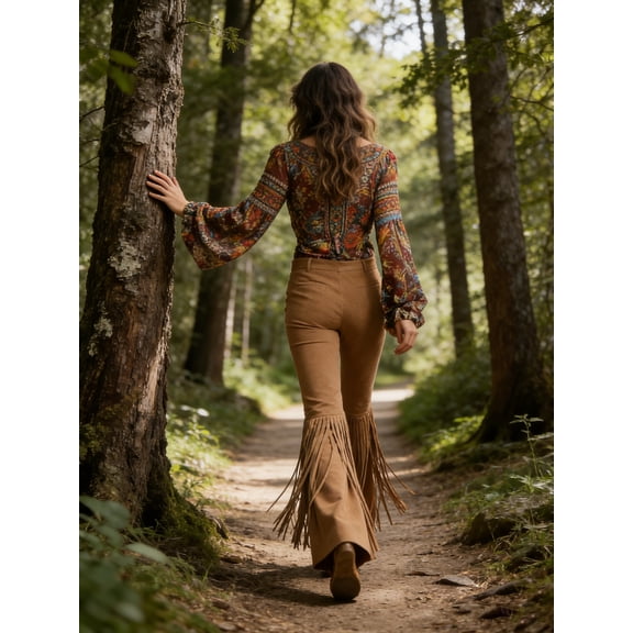 High Waisted Faux Suede Feel Knit Fringe Flare Pants High Density Tassel Bell Bottoms Western Cowgirl Style Stretchy Trousers for Nashville Country Music Festival Stagecoach and Rodeo