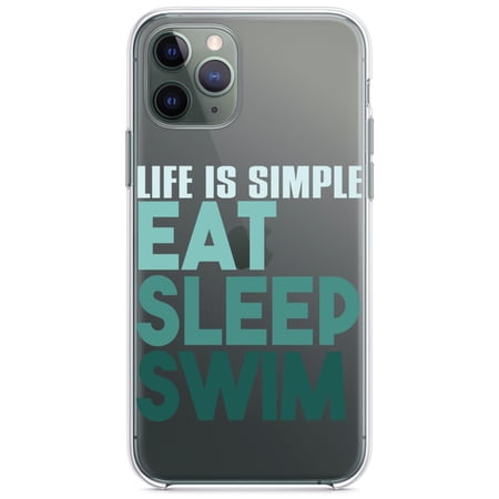 DistinctInk Clear Hybrid Case for Apple iPhone 12 Mini (5.4 Screen) - Life Is Simple Eat Sleep Swim - Tempered Glass Back
