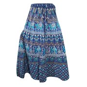 Mogul Women's Long Skirt A-Line Blue Printed Cotton Indian Boho Chic Skirts