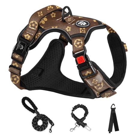 NESTROAD No Pull Dog Harness,Adjustable Oxford Dog Vest Harness with Leash,Reflective No-Choke Pet Harness with Easy Control Soft Handle for Large Dogs(Large,Dark Brown) C28