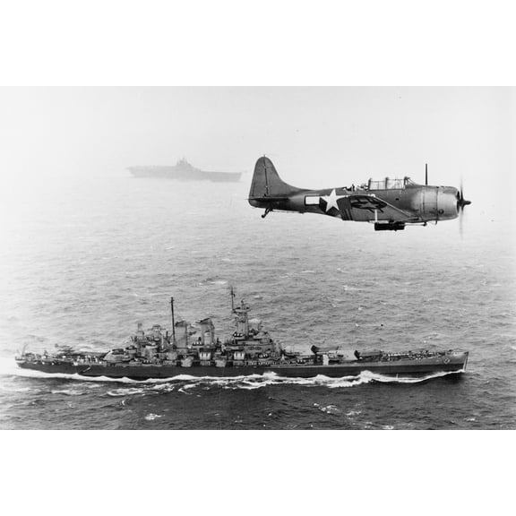 24x36 gallery poster, U.S. Navy SBD-5 scout plane flying patrol over USS Washington and USS Lexington during the Gilbert and Marshall Islands campaign, 1943