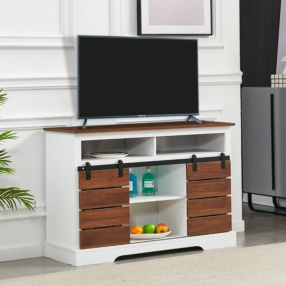 Ansley&HosHo Modern Farmhouse Sliding Door Accent Chests, Adjustable Shelves Brown White