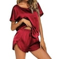 thumbnail image 4 of WREESH Womens Two Piece Satin Pajama Set Fashion Solid Round Neck Loungewear Sets Home Clothing T-Shirt Shorts Lounge Shorts Set Red, 4 of 4