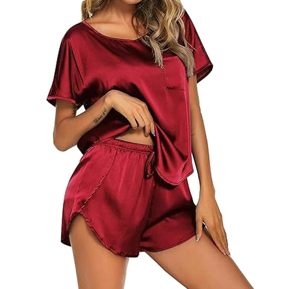 Inleife Two Piece Sets for Women Summer Womens Fashion Solid Round Neck Pajama Set Home Clothing T-shirt Shorts Blouses Set Red Sizes XXL