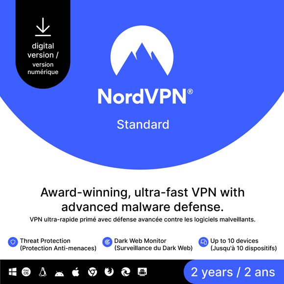 NordVPN Standard - Abonnement de 2 ans au logiciel VPN et de cybersécurité pour 10 appareils [Code numérique]