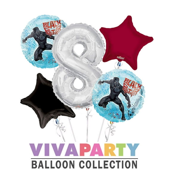 Black Panther Round Balloon Bouquet 5 pc, 8th Birthday, Silver Number 8 Jumbo Balloon | Viva Party Balloon Collection