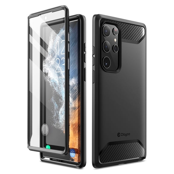 Clayco Xenon Series Case for Samsung Galaxy S22 Ultra 5G, [Built-in Screen Protector] Full-Body Rugged Cover Compatible with Fingerprint Reader, 6.9 inch 2022 Release (Black)