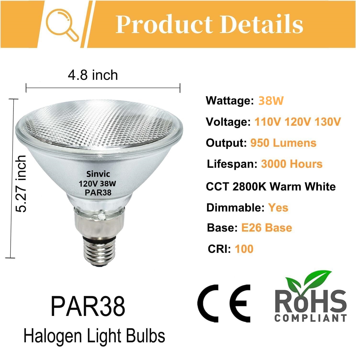 4-Pack Sinvic PAR38 Halogen Flood Bulbs, 80W 120V E26, Dimmable 2800K Warm White 950LM, Indoor/Outdoor