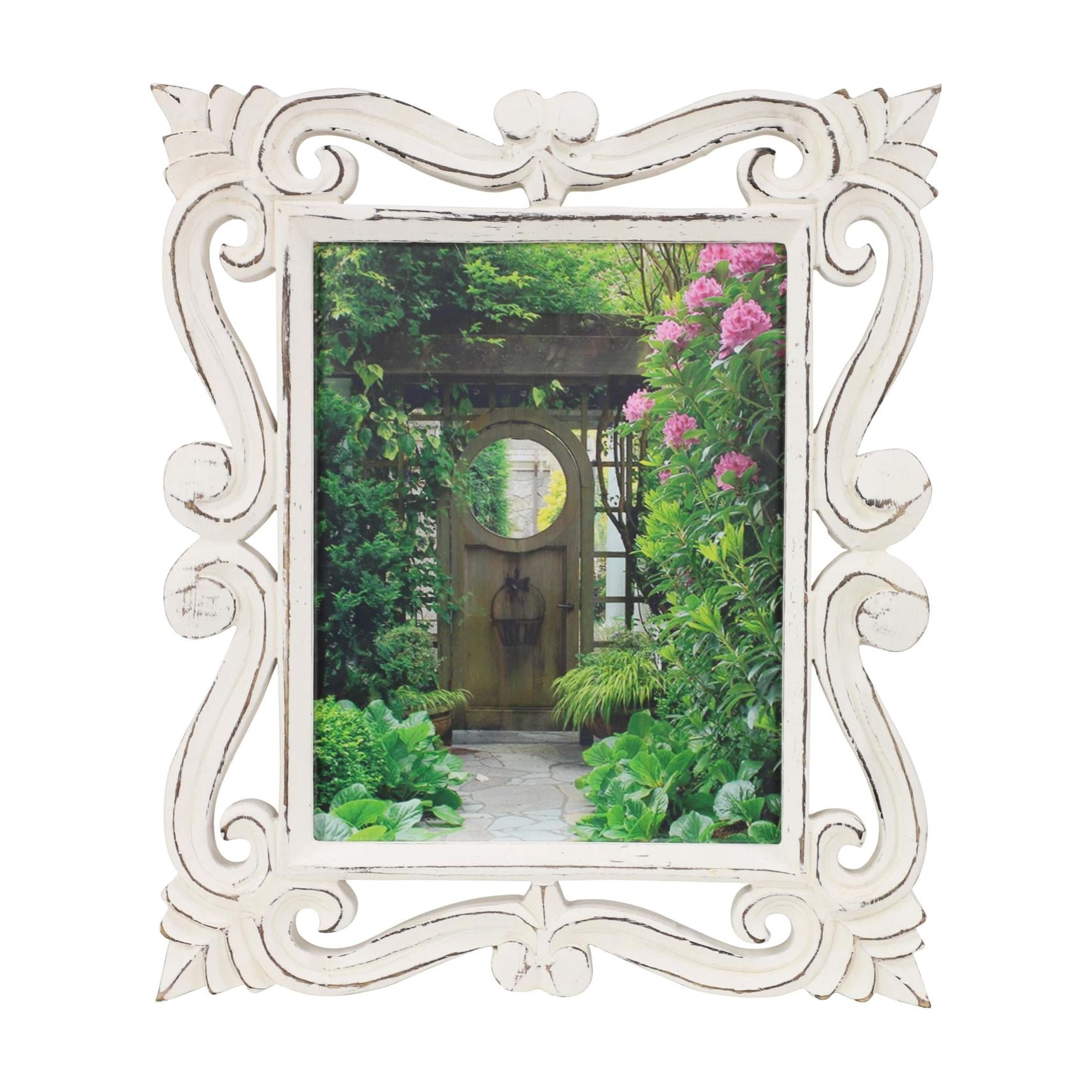 DecMode 8" x 10" Handmade Intricate Carved White Scroll Photo Frame
