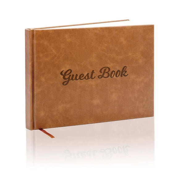 MUUJEE Brown Leather Rustic Guest Book, 9.5 x 7 Embossed Guestbook with Name Address Message Lines for Wedding Funeral Retirement Party, 140 GSM Paper, 120 Pages