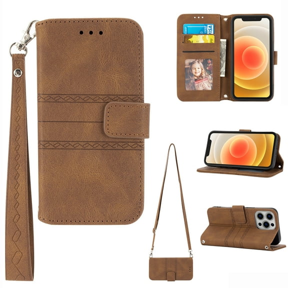 Nalacover Crossbody Wallet Case for iPhone 14 Pro, Detachable Wrist Strap Handbag Card Slots Holder Premium PU Leather Flip Folio Cover with Kickstand Magnetic Clasp Shoulder Strap Case,Brown