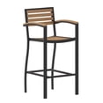 thumbnail image 2 of BizChair Commercial Grade Bar Height Stool with Arms, All-Weather Outdoor Bar Stool with Faux Wood Poly Resin Slats and Aluminum Frame, Teak, 2 of 11