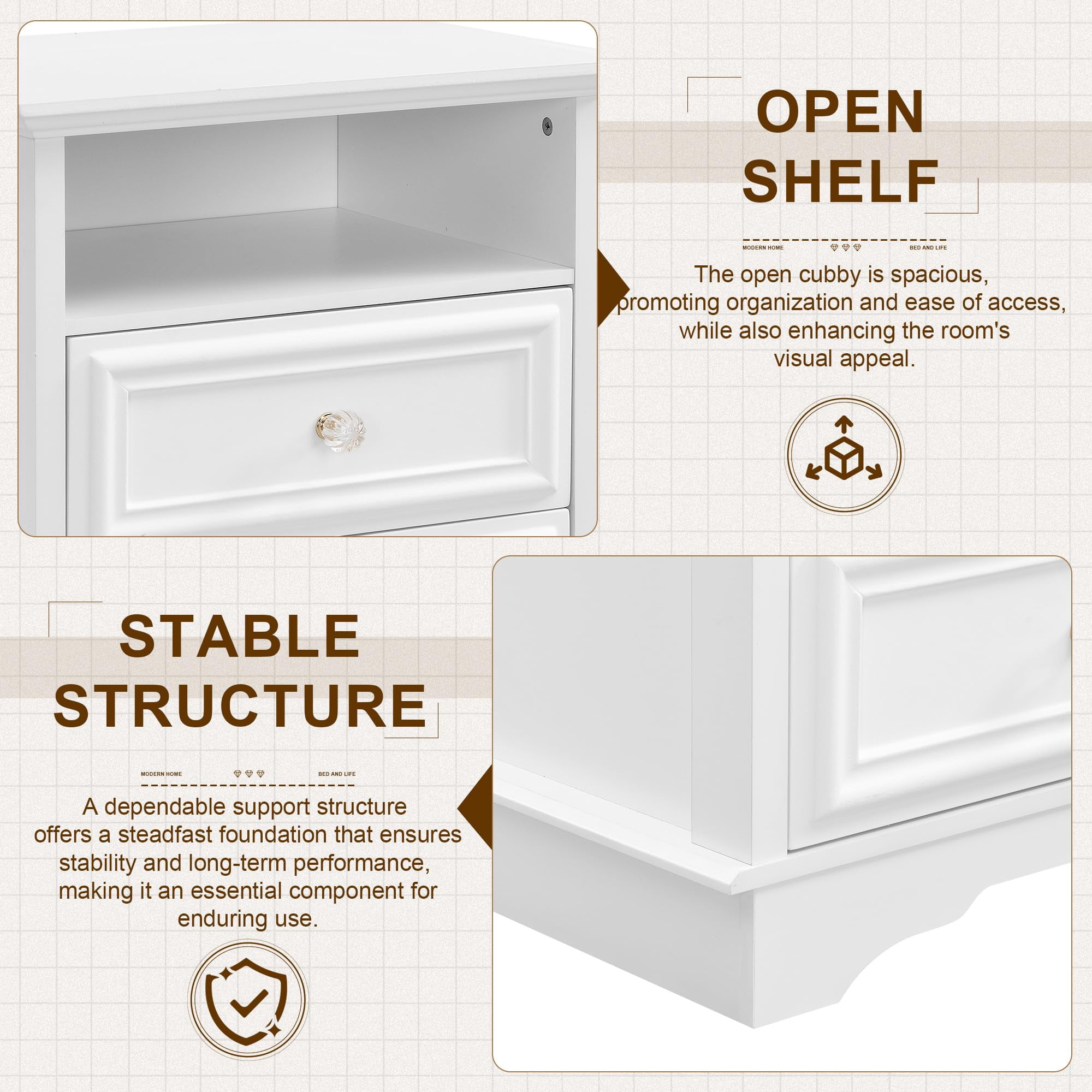 Brafab Farmhouse Nightstand Set of 2, 25" Tall 3-Drawer Open Shelf Bedside Table