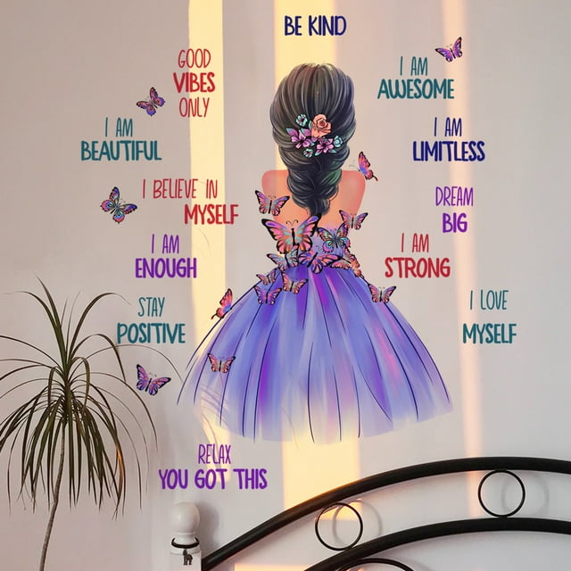 Un conjunto de pegatinas de pared para niña, mariposas, palo de palabras inspiradoras