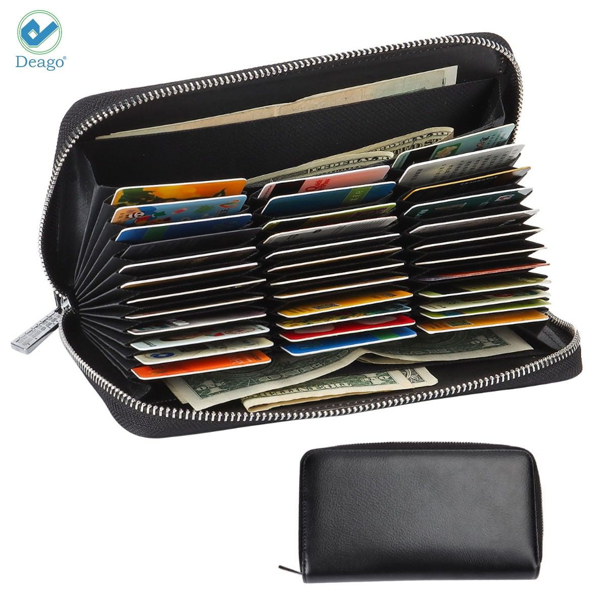 Women 36 Slots RFID Blocking Card Holder Large Long Leather Zipper Checkbook Accordion Wallet,Black 