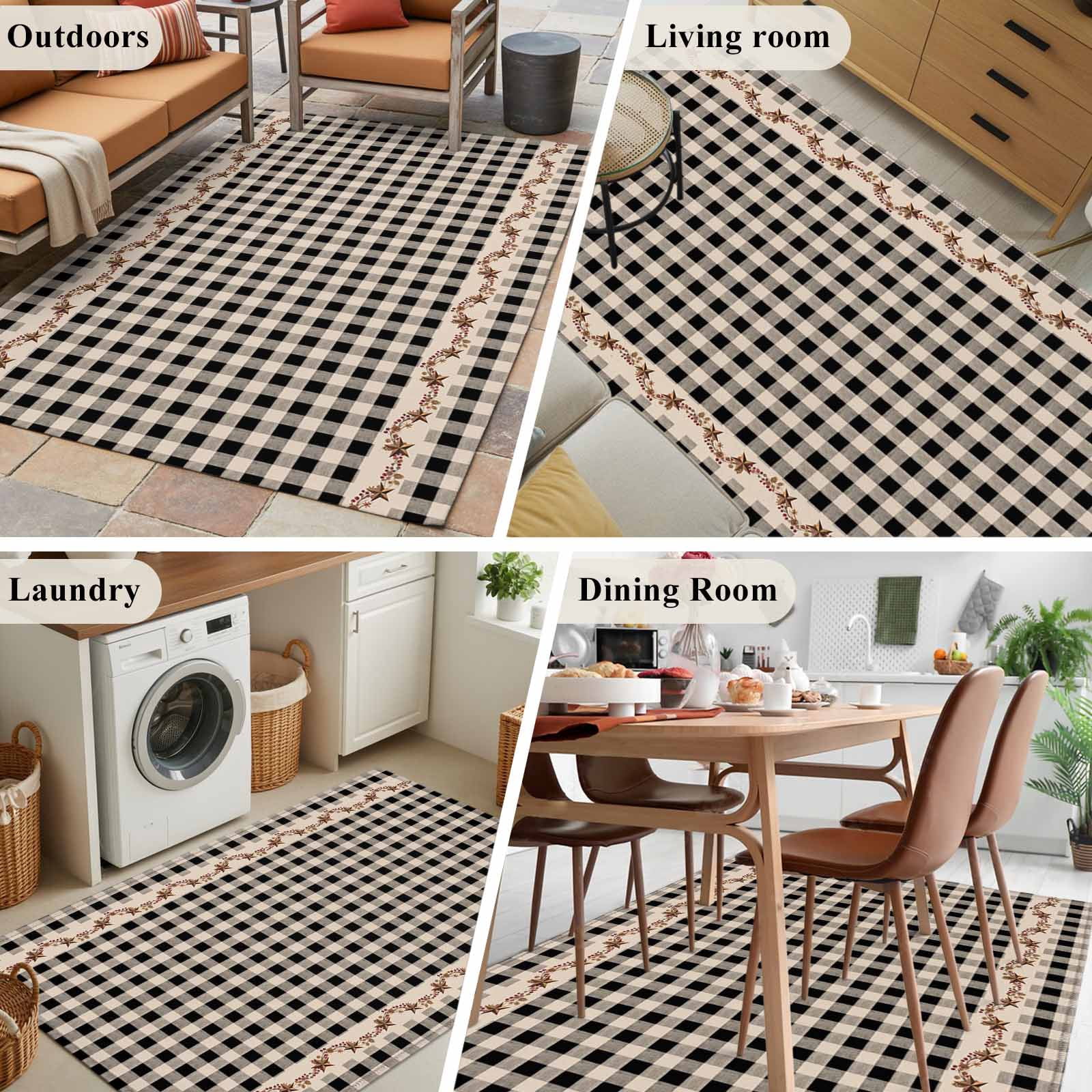 Area Rugs 2.7'x5', Western Texas Star Retro Carpet for Living Room Bedroom Dining Room, Country Vintage Black Beige Plaid Throw Kitchen Rugs Non Slip Washable Rectangle Indoor Outdoor Rugs