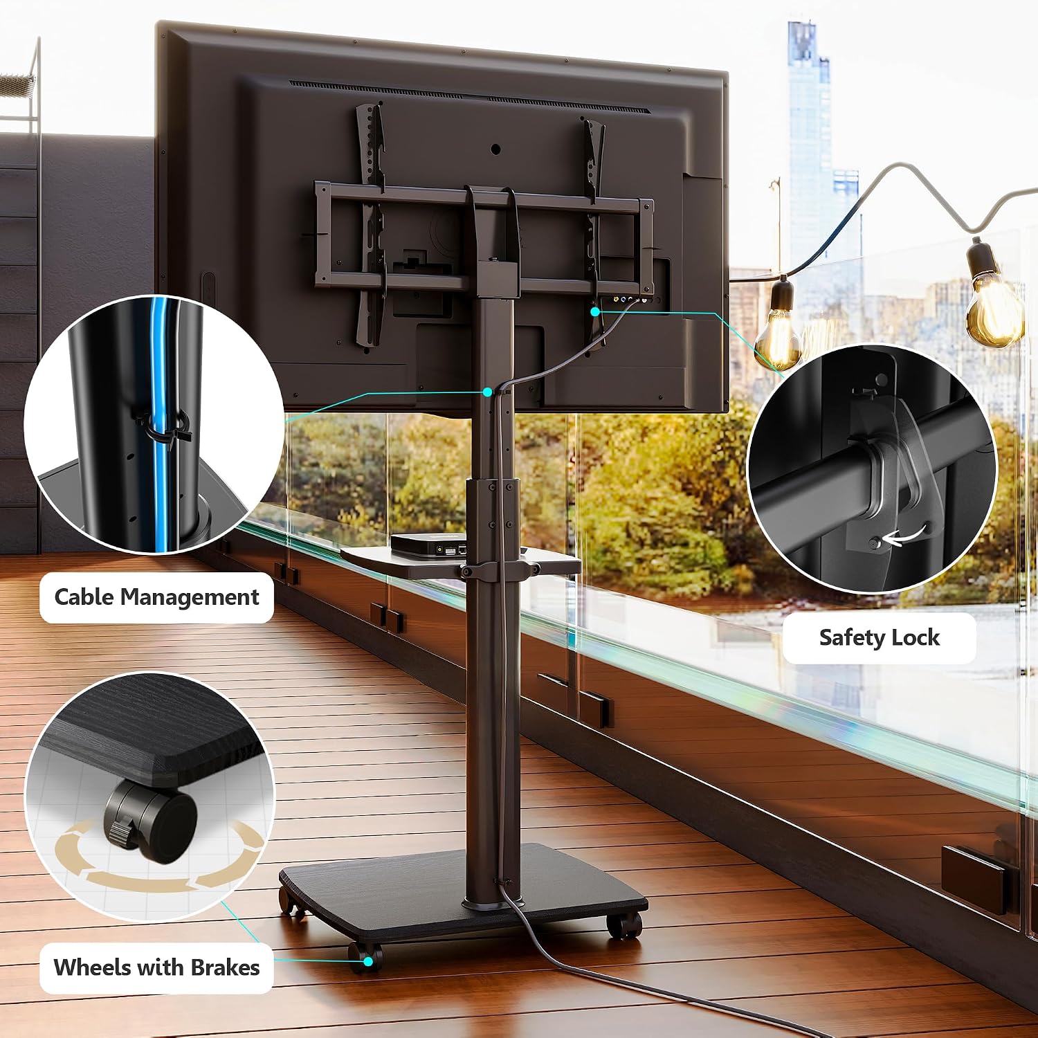 FITUEYES Rolling TV Stand for 32–75 Inch TVs, Black, Power Outlet, Swivel Mount