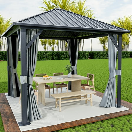 Sunmthink 10x10 Hardtop Gazebo, Outdoor Metal Canopy Gazebo with Netting and Curtains for Garden, Patio, Backyards, Gray