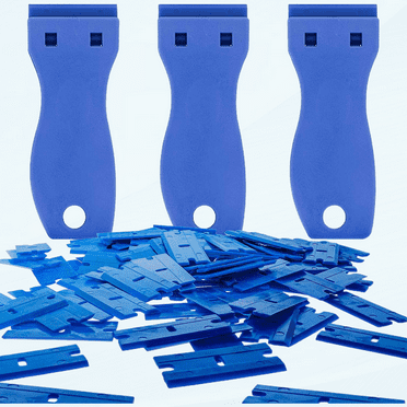 Scraper Set with 100 Piece Double Edge Plastic Razor Blades and (3) Scraper Tool Utility Knife Holders for Glass, Removing Labels, Stickers and Detail Window Film Graphics