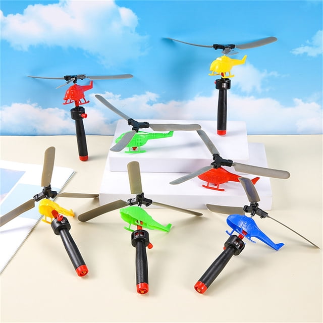 Helicóptero volador de juguete | Avión de lanzamiento manual giratorio de 360° | Plástico resistente - Lanzador fácil de tirar del cable - Diversión al aire libre en interiores - Colores aleatorios