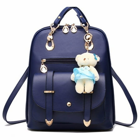 Women's Fashion Sweet Bear Bag Casual Backpack Concise Style PU Leather Shoulder Bag with Bear Pendant Travel Book