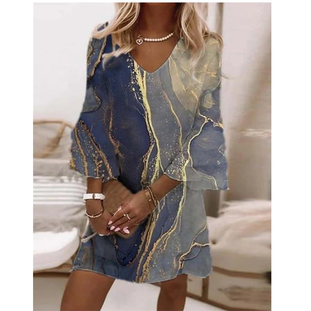 Vestido corto de manga de siete cuartos para mujer, Jersey holgado con cuello en V, elegante, estilo dulce, estampado, 2023
