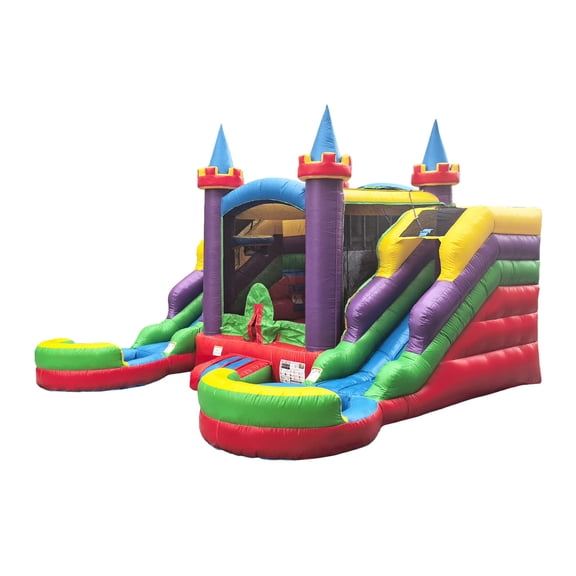 POP JUMP 16'x15'x12' Crossover Rainbow Castle Inflatable Bounce House with Dual Slide & Pool, Includes Blower