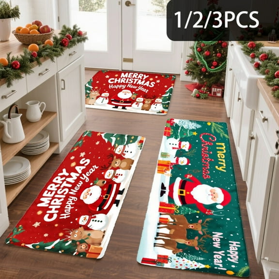 3PCS Kitchen Mat set, Welcome Door Flannel Rug,Home Decor for Front Door,Kitchen, Bathroom, Merry Christmas Santa Snowman Reindeer Gift Tree ,Great Thanksgiving Day