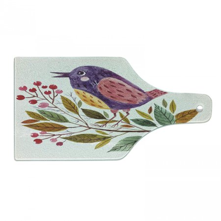 

Leaf Cutting Board Watercolor Styled Effect a Bird Sitting on Branch Leaves Print Decorative Tempered Glass Cutting and Serving Board Wine Bottle Shape Purple Fern Green by Ambesonne