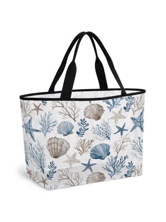 Beach Bag for Women Blue Shell Starfish Mesh Tote Bag Coral Ocean Marine Life Sandproof Lightweight Travel Bags for Pool Handbag Travel Swim Picnic Shower Gym Vocation