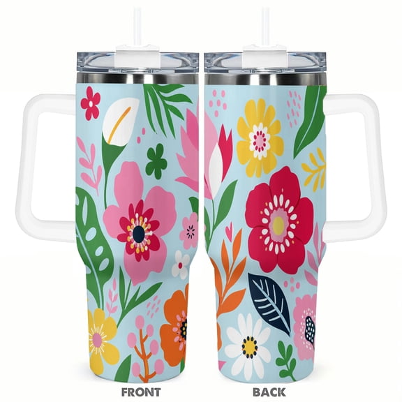 40oz Floral Garden Travel Tumbler Insulated Car Cup with Handle Straw Stainless Steel Large Capacity Coffee Cup Colorful Flower Gift