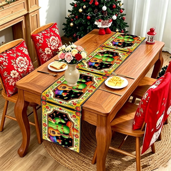 1PC Black Background Mexican Folk Art Floral 2D Flat Print Table Runner, Kitchen Patio Cinco De Mayo Day of The Dead Fiesta Decor, Farmhouse Holiday Table Centerpiece Gift