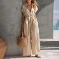 thumbnail image 2 of Women's Resort Jumpsuit, Casual Loose Wide Leg With Zip-Up Front & Stand Collar, Short Sleeve Vacation One-Piece With Belt Khaki XL, 2 of 5