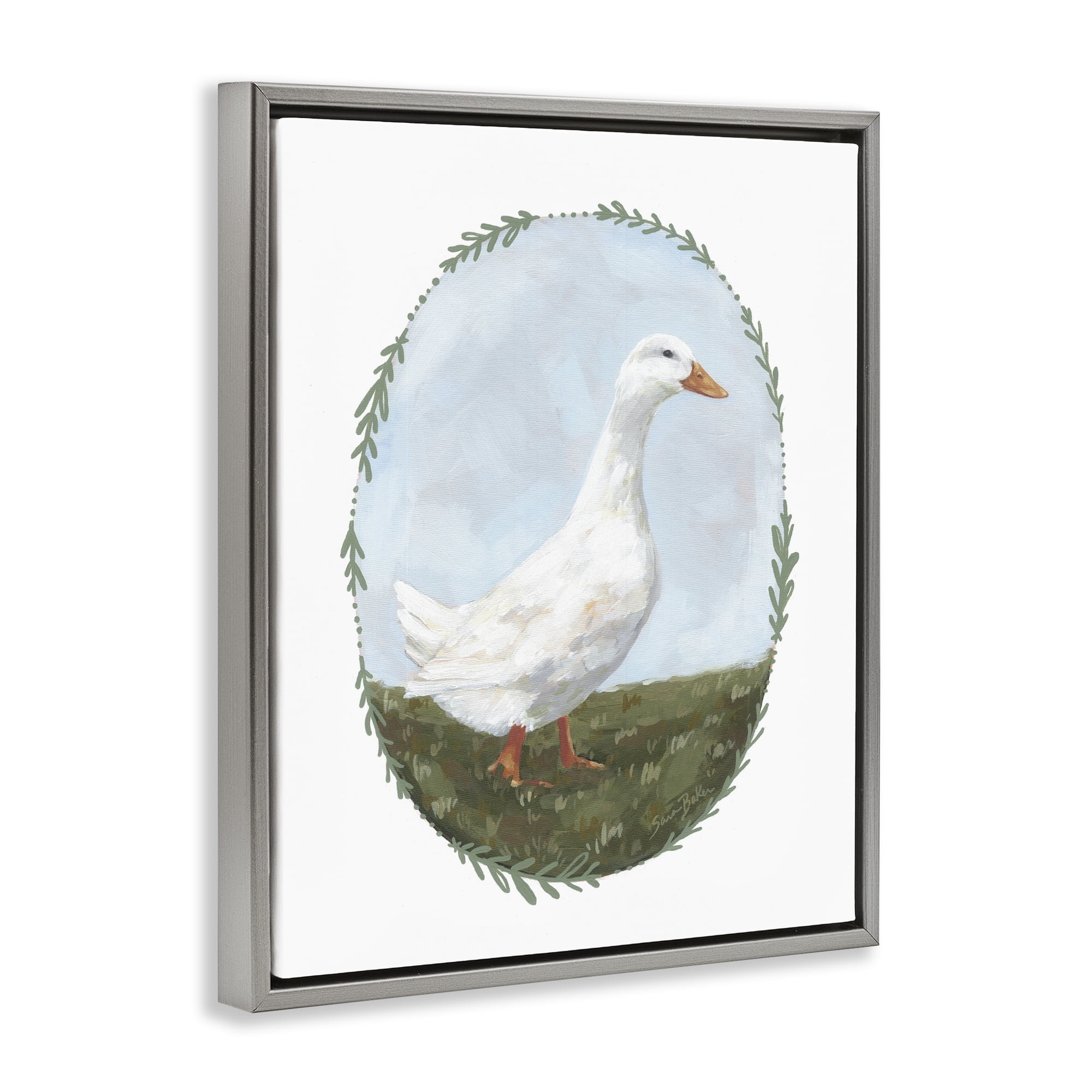 Stupell Industries Gentle Duck in Meadow Gray Framed Floater Canvas Wall Art, design by Sara Baker