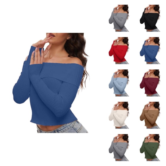Sweater for Women, Off Shoulder Sweaters for Women, Fall Long Sleeve Ribbed Knit, Fitted Blouse