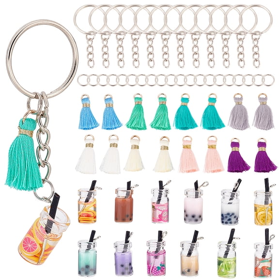 60pcs Tea Keychain Kit Colorful Keychains Making Kit Milk Tea Keychain Accessories Charms Milk Cup Pendants with Tassels